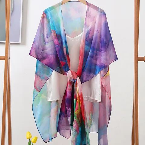 Women Gradient Chiffon Scarf Versatile Summer Thin Shawl Lightweight Floral Print Outerwear Beach Scarf