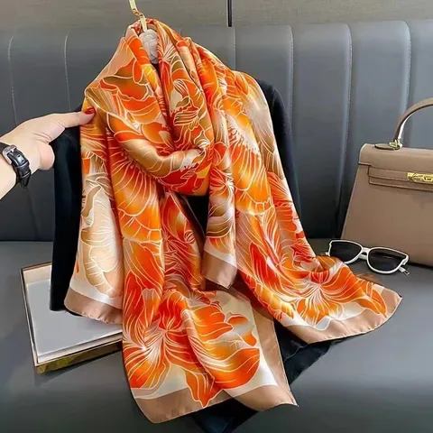 Women Fashion Satin Scarf Long Floral Geometric Print Shawl Sun Protection Lightweight Silk Feel Scarf For Daily Wear