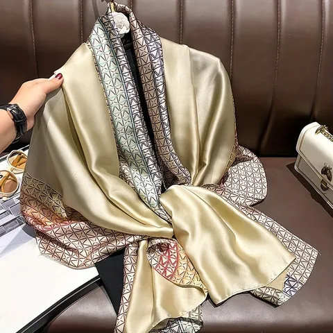 Women Fashion Satin Scarf Long Floral Geometric Print Shawl Sun Protection Lightweight Silk Feel Scarf For Daily Wear