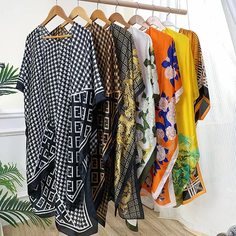 Women Fashion Satin Scarf Shawl Lightweight Sun Protection Scarf Elegant Printed Long Beach Stole Wrap