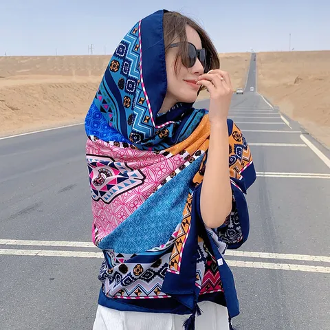 Böhmisch Ethno Geometrischer Druck Schal Damen Leichter Polyester Shawl Strand Sonnenschutz Reise