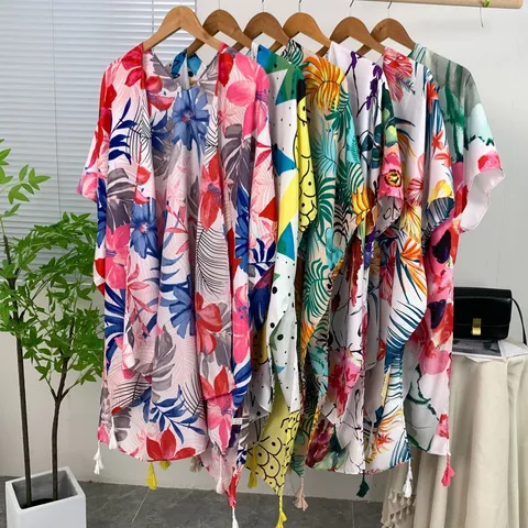 Women Ethnic Style Printed Shawl Twill Cotton Sun Protection Long Scarf Tassel Fringe Outerwear Vacation Beach Wrap
