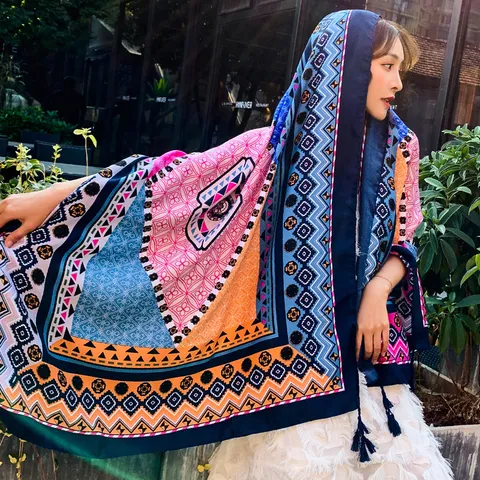 Bohemian Ethnic Style Scarf Women Summer Thin Shawl Cloak Polyester Fiber Printed Sunscreen Silk Scarf Beach Travel