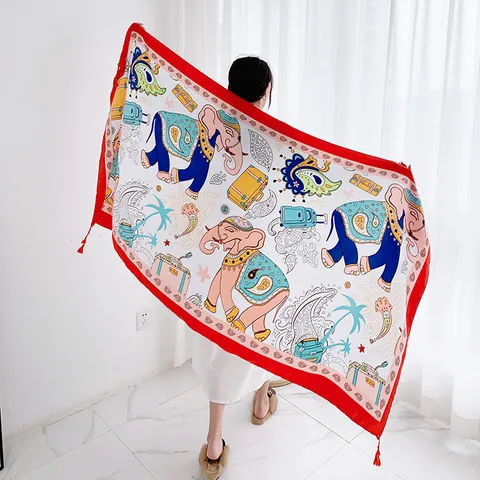 Women Ethnic Style Floral Print Scarf Lightweight Soft Tassel Shawl Sun Protection Beach Scarf Fashion Accessories