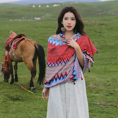Women Ethnic Style Printed Polyester Scarf Beach Sun Protection Shawl Boho Geometric Pattern Fashion Long Wrap Travel Scarf