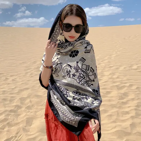 Women Ethnic Style Printed Polyester Scarf Beach Sun Protection Shawl Boho Geometric Pattern Fashion Long Wrap Travel Scarf
