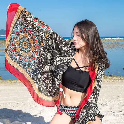 Women Retro Ethnic Style Print Tassel Scarf Lightweight Sun Protection Shawl Versatile Beach Travel Scarf