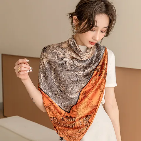 Women Large Square Scarf Fashion Satin Polyester Printed Vintage Floral Neck Scarf Elegant Shawl Head Wrap