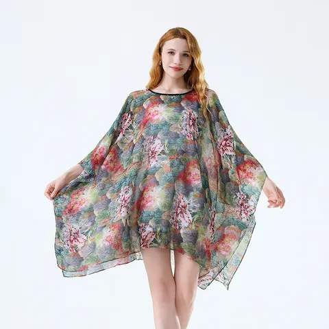 Women Summer 3D Print Chiffon Beach Dress Casual Loose Cover Up Long Kaftan Vacation Boho Sundress Holiday Wear