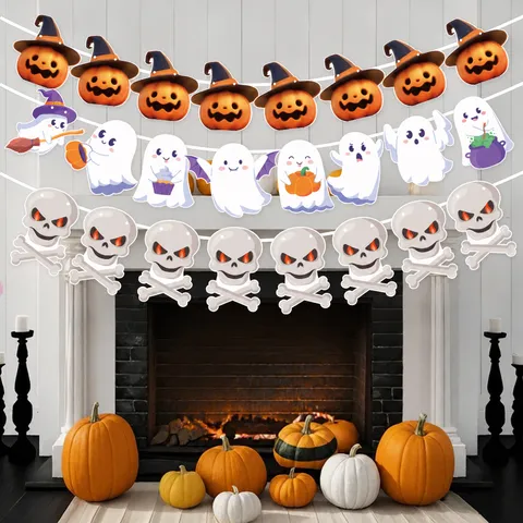 Bannière de Décorations de Fête d'Halloween Fantôme Squelette Citrouille Guirlande Suspendue