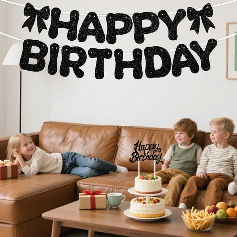 Glücksgeburtstag Banner Glitzer Papier Wimpelkette Girlande Mit Schleife Und Kuchenaufsatz Party Dekorationsartikel Für Geburtstagsfeier
