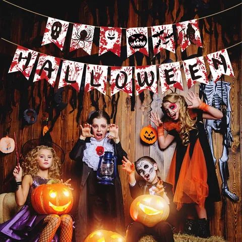 Decorazione per Festa di Halloween Stendibiancheria Ghirlanda di Carta Appesa Orrore Teschio Zucca Pipistrello Macchia di Sangue Accessori