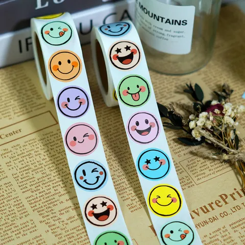 Colorful Smile Face Reward Stickers Roll Cartoon DIY Craft Packaging Sealing Stickers Cute Expression Decorative Stickers