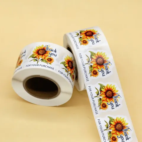 Hand Painted Sunflower Thank You Stickers Roll For Small Business Bakery Gift Bag Sealing Labels