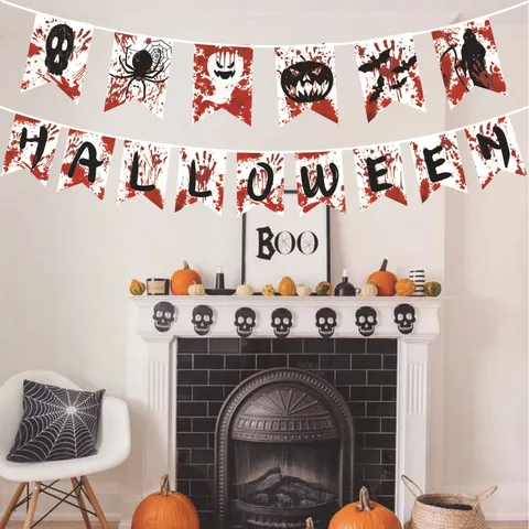 Decorazione per Festa di Halloween Stendibiancheria Ghirlanda di Carta Appesa Orrore Teschio Zucca Pipistrello Macchia di Sangue Accessori