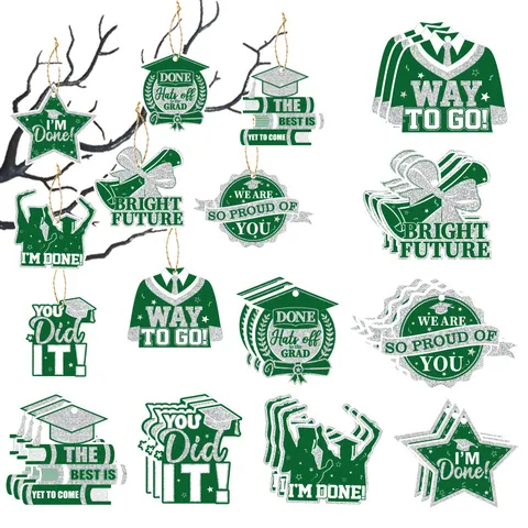 Graduation Party Hanging Decorations Green Silver Glitter Cardboard Ornaments Graduation Cap Star Book Pendant Props