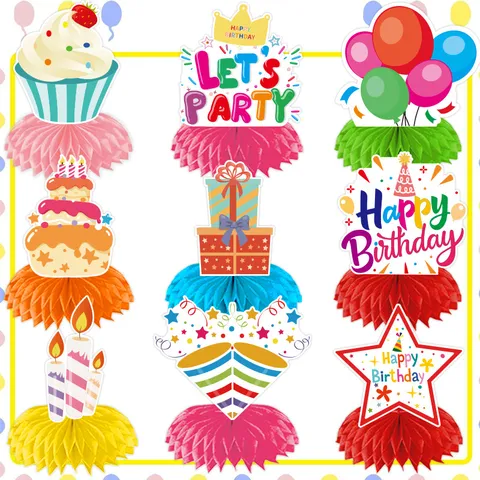 Decoraciones de Fiesta de Cumpleaños Centros de Mesa de Panal y Set de Banderas Suministros de Fiesta de Cumpleaños para Niños Decoración de Centro de Mesa