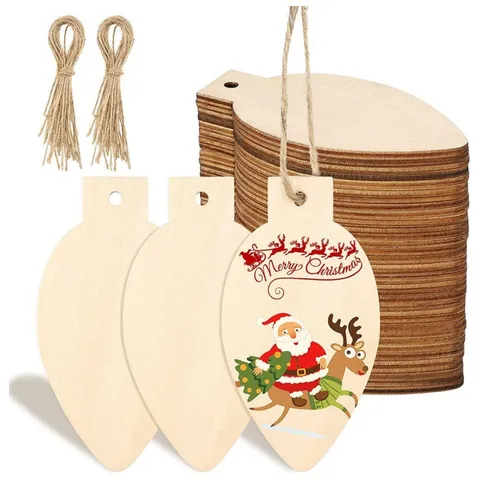 Unfinished Wooden Light Bulb Cutouts With Jute Twine DIY Blank Wood Hanging Ornaments For Christmas Home Decor
