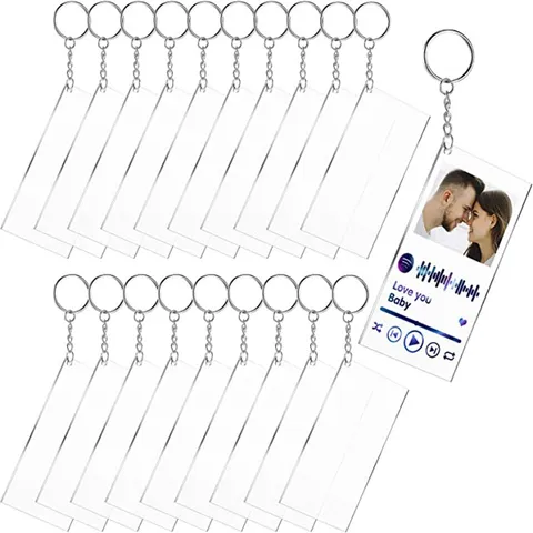 Ensemble de Porte-clés en Acrylique Vierge Transparent Rectangulaire avec Anneaux en Métal pour Bricolage Loisirs Créatifs