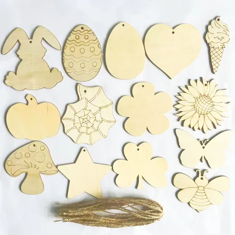 Panneau Suspendu Creux en Bois Non Fini DIY Vierge Pâques Noël Artisanat Ornement Tranches de Bois Avec Cordes Pour Décoration Fête Maison