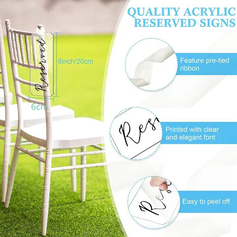 Letrero de Silla de Boda Acrílico Transparente En Blanco Con Cintas Blancas Letreros Reservados Colgantes para Decoración de Fiesta de Bodas