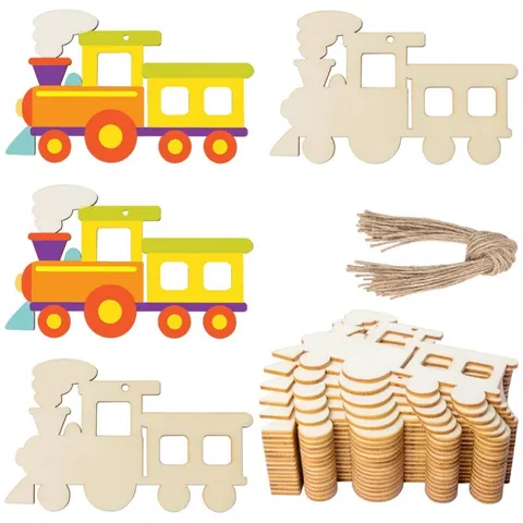 Colgantes de Coche y Tren Huecos de Madera Sin Terminar Adornos Colgantes En Blanco DIY para Decoración de Fiesta de Vacaciones en Casa