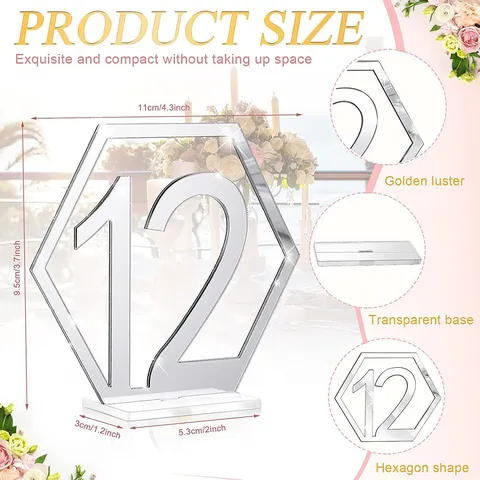 Acrylic Mirror Gold Silver Hexagonal Hollow Table Numbers Wedding Party Bar Cafe Table Place Cards Seating Signs Decor