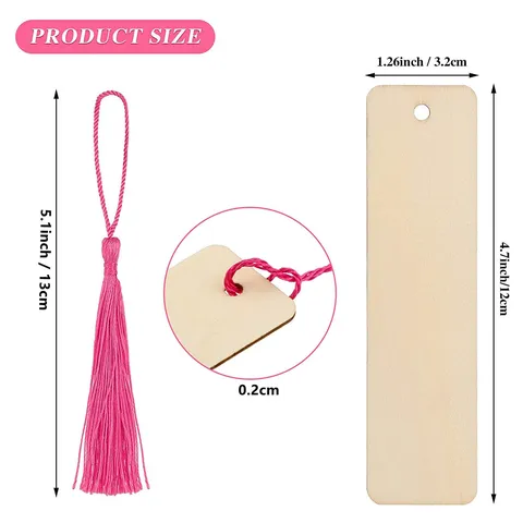 Wooden Blank DIY Unfinished Painting Rectangular Hanging Bookmark With Colorful Tassels For Hand Account Craft