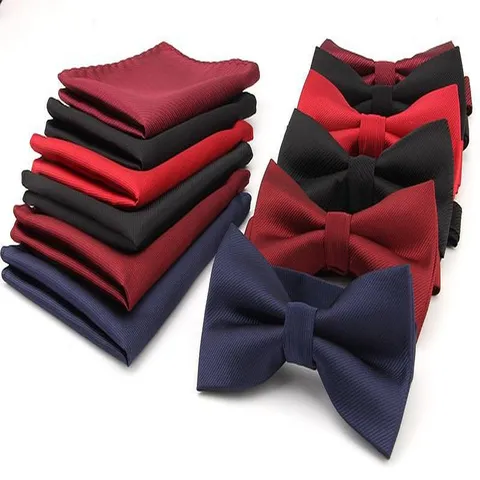 Men's Classic Striped Bow Tie And Pocket Square Set Wedding Party Formal Business Suit Neckwear Jacquard Polyester Accessories