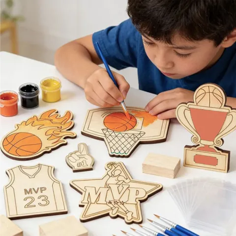 Set de Manualidades de Pintura DIY con Tema Deportivo de Madera Regalo de Fiesta de Cumpleaños para Niños Rodajas de Madera Con Pinceles de Pigmento