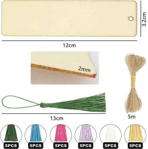 Wooden Blank Bookmarks Set Unfinished Rectangular Wooden Tags With Colorful Tassels And Hemp Rope For DIY Craft Decor