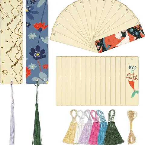 Wooden Blank Bookmarks Set Unfinished Rectangular Wooden Tags With Colorful Tassels And Hemp Rope For DIY Craft Decor