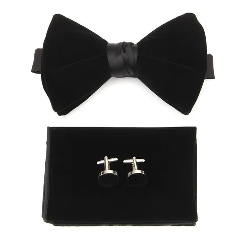 Men Velvet Bow Tie Pocket Square And Cufflinks Set Classic Double Layer Bowtie Wedding Party Formal Suit Accessories