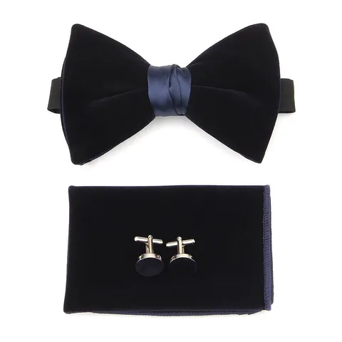Men Velvet Bow Tie Pocket Square And Cufflinks Set Classic Double Layer Bowtie Wedding Party Formal Suit Accessories