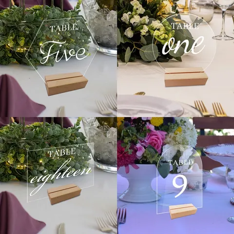 Letrero de Número de Mesa de Boda de Acrílico Transparente DIY Hexágono Redondo Arco Tarjetas de Sitio Con Base de Madera Para Decoración de Fiesta