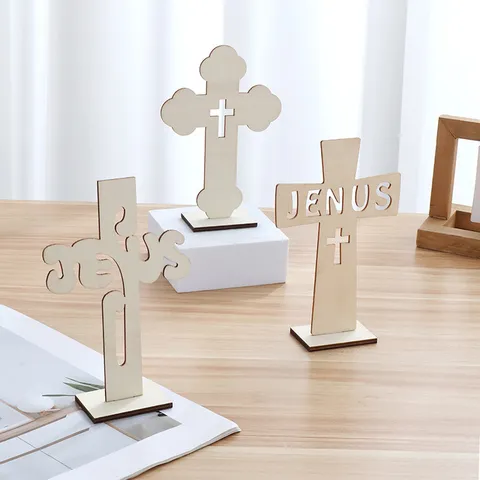 Adorno de Mesa de Artesanía de Cruz de Madera Bautizo Pequeño Decoración del Hogar Cruz de Jesús de Madera Pantalla de Decoración de Escritorio