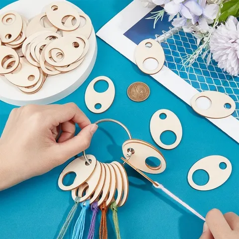 Wooden Cross Stitch Thread Organizer Geometric Floss Drop Bobbins Sewing Craft Storage Board With Metal Ring Holders