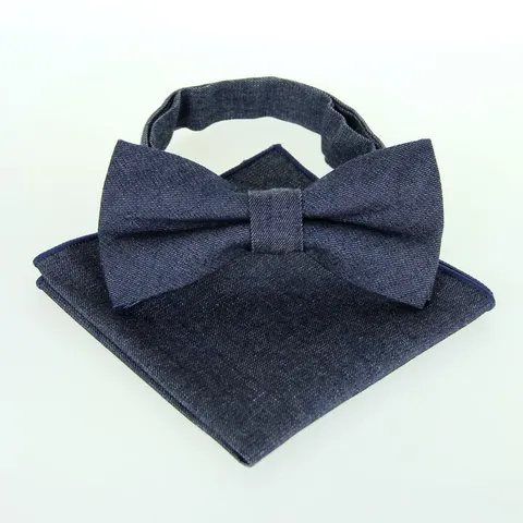 Men Casual Denim Bowtie And Pocket Square Set Cotton Solid Color Jacquard Bow Tie Formal Business Wedding Neckwear