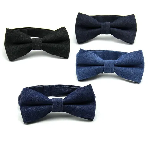 Men Casual Denim Bowtie And Pocket Square Set Cotton Solid Color Jacquard Bow Tie Formal Business Wedding Neckwear