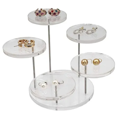Espositore per Gioielli in Acrilico a 5 Strati Supporto per Anello Girevole Rotondo Organizer Trasparente Nero Bianco Vetrina da Tavolo