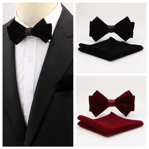 Men Vintage Velvet Bow Tie And Pocket Square Set Elegant Groom Wedding Party Tuxedo Bowtie Accessories