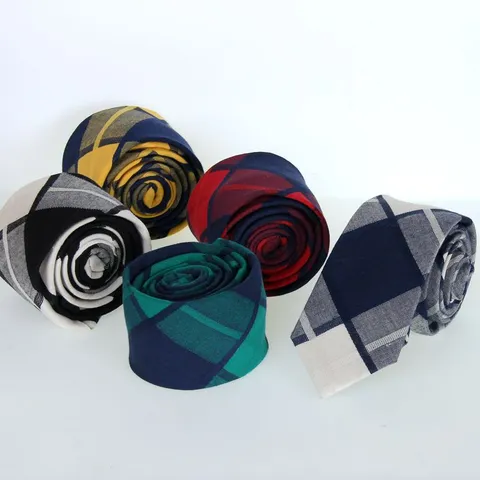 Men's Fashion Cotton Plaid Narrow Necktie Business Casual British Style Neck Tie For Wedding Daily Wear