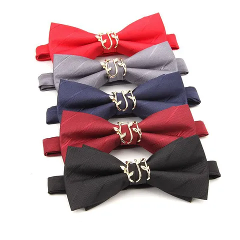 Men Formal Wedding Striped Bow Tie With Metal Branch Decor Polyester Classic Neckwear Party Suit Accessories