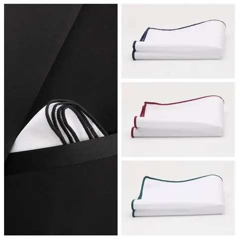 Men Pocket Square Pure Cotton Solid White With Colored Edge Handkerchief Business Formal Suit Accessory