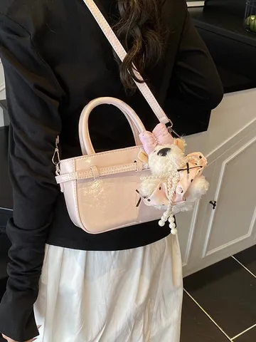 Korean Style Simple Versatile Small Commuter Women Bucket Bag PU Leather Crossbody Shoulder Handbag with Plush Pendant