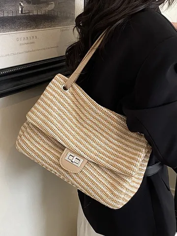 Bolso de Hombro Tejido de Paja de Gran Capacidad para Mujer Moda Bolso Tote Casual para Viaje de Verano Playa Comute