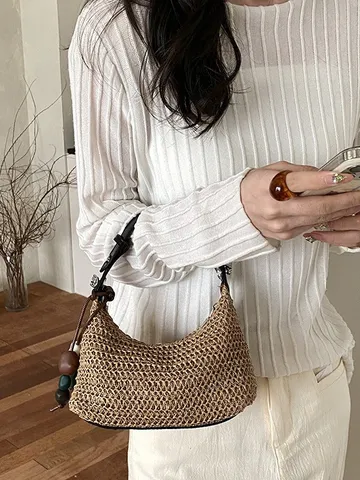 Borsa a Tracolla Estiva in Paglia Intrecciata A Righe Colorate Spiaggia Casual Vacanze Borsa Donna