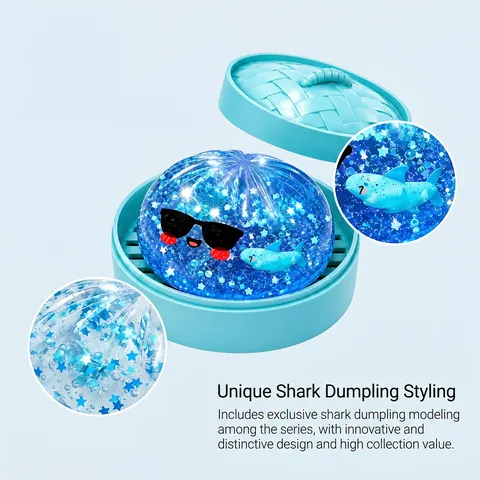Blue Glitter Shark Sunglasses Steamed Bun Squishy Toy Slow Rebound Stress Relief Fidget Toy Cute Novelty Gift