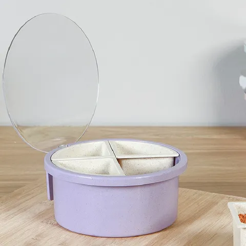 Kitchen Four-Grid Seasoning Box Plastic Condiment Storage Container Portable Spice Organizer with Lid and Spoon