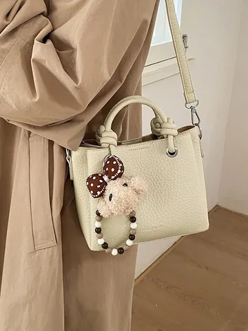Γυναικεία Moda Retro PU δερμάτινη τσάντα κάδος Casual Καθημερινή τσάντα χειρός Chic τσάντα ώμου με χαριτωμένο κρεμαστό αρκouδάκι Trendy Tote